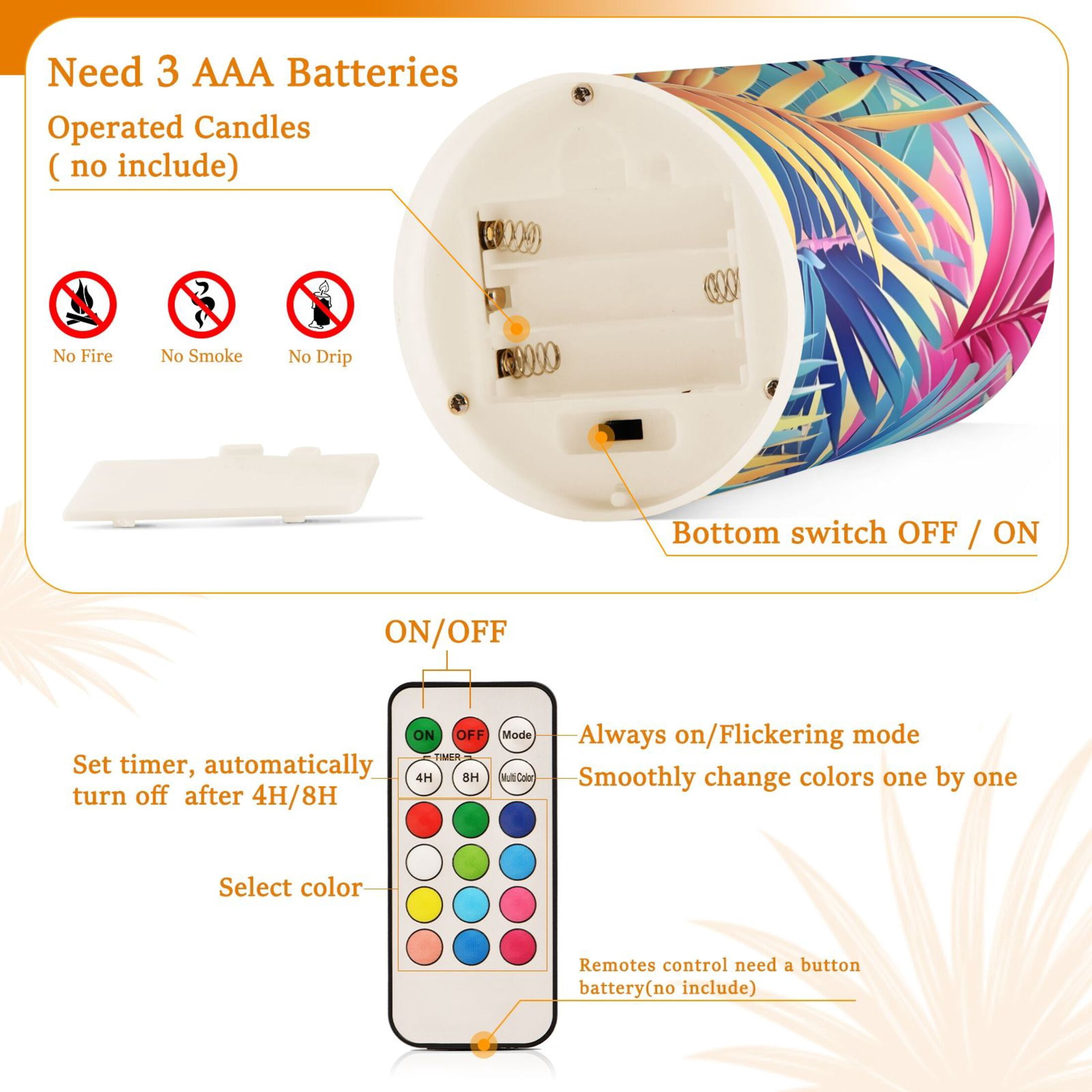 Colorful Tropical Palm Leaves Flickering Flameless LED Candles set of 2 Battery Operated 18-Key Remotes Timer Halloween Fall Decor D3''xH4''5''