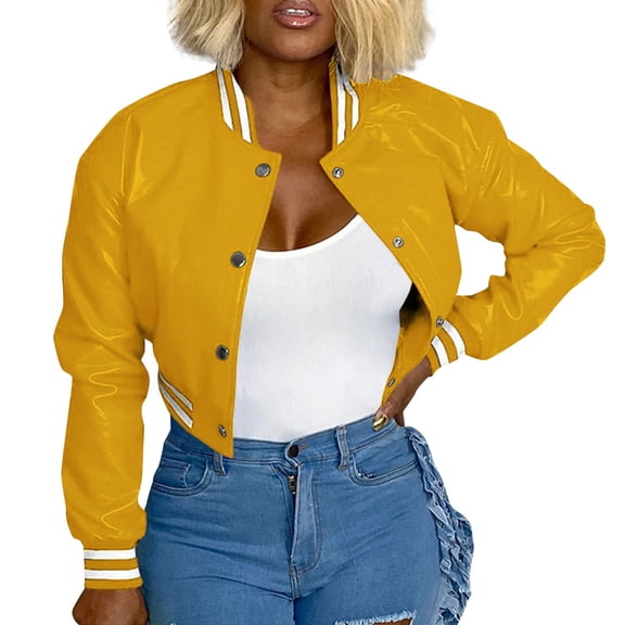 LEKODE Women Long Sleeve Cropped Faux Leather Button Down Varsity Baseball Bomber Jacket Casual Y2K Streetwear Outerwear Coat Yellow 2XL