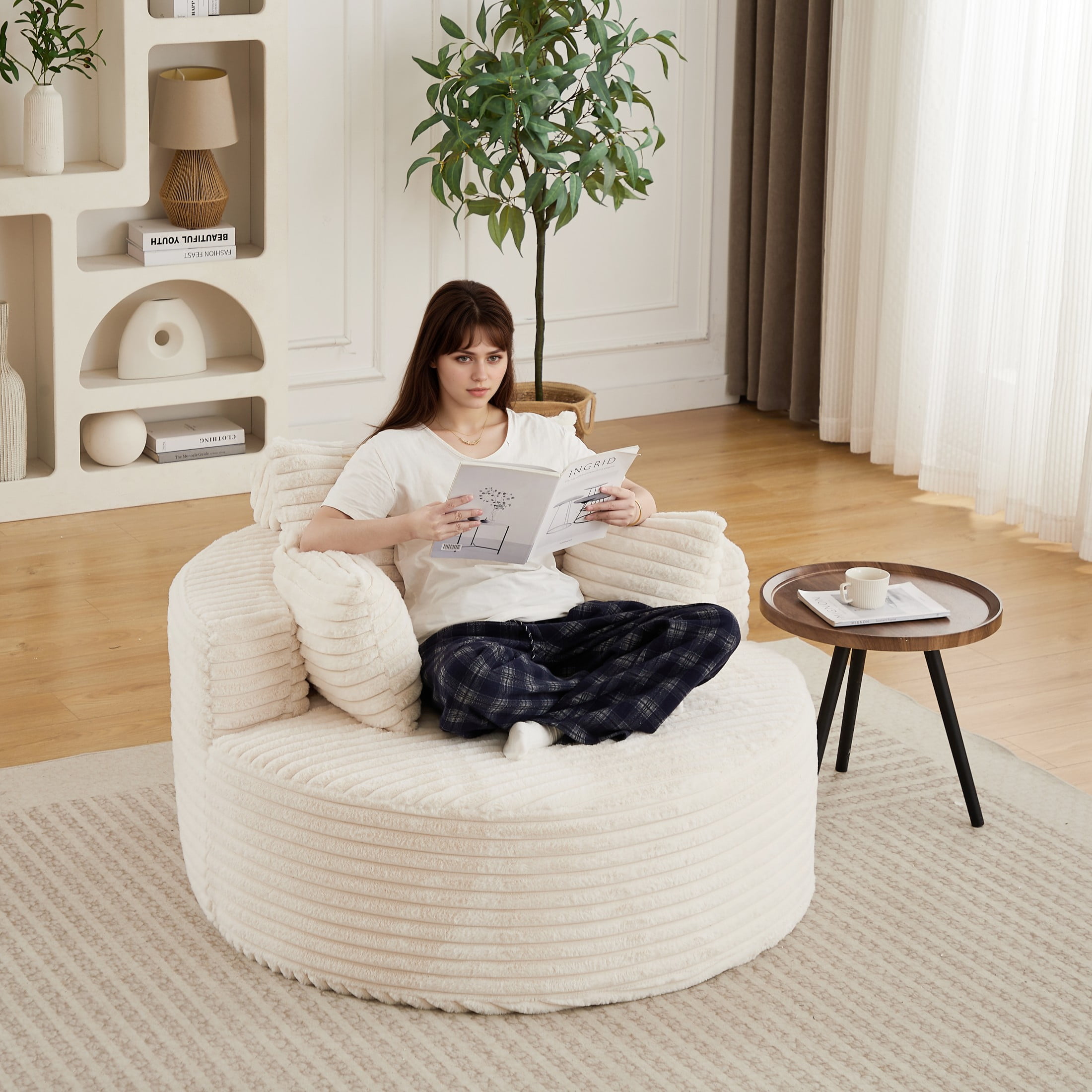 Aukfa 50" Oversized Corduroy Round Sofa Chair, Modern Deep Seat Chaise Lounge Chair Indoor with Pillows, No Assembly Required, Beige