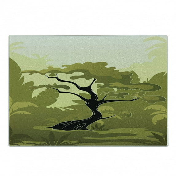 Olive Green Cutting Board, Japanese Tree in Jungle Abstract Nature in Summer Season, Decorative Tempered Glass Cutting and Serving Board, Small Size, Pale Yellow Olive Green, by Ambesonne