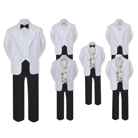 

5-7pc Formal Black White Suit Set Silver Bow Necktie Vest Boy Baby Sm-20 Teen