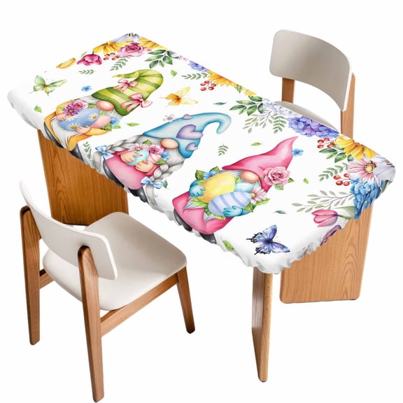 Spring Easter Table Cloths for 5 Foot Rectangle Tables, Watercolor Eggs Gnomes Floral Butterflies Plants Patio Waterproof Elastic Fitted Tablecloths, Washable Rectangular Table Cover for Camping