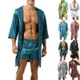 thumbnail image 6 of Fancy Men Hooded Loose Satin Silk Bathrobe Pajamas Sleepwear Gown Bath Robe Nightwear Dark Blue XL, 6 of 12