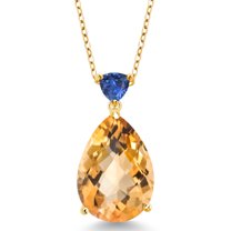 Gem Stone King 11.34 Ct Pear Shape Checkerboard Yellow Citrine Blue Created Sapphire 18K Yellow Gold Plated Silver Pendant with Chain