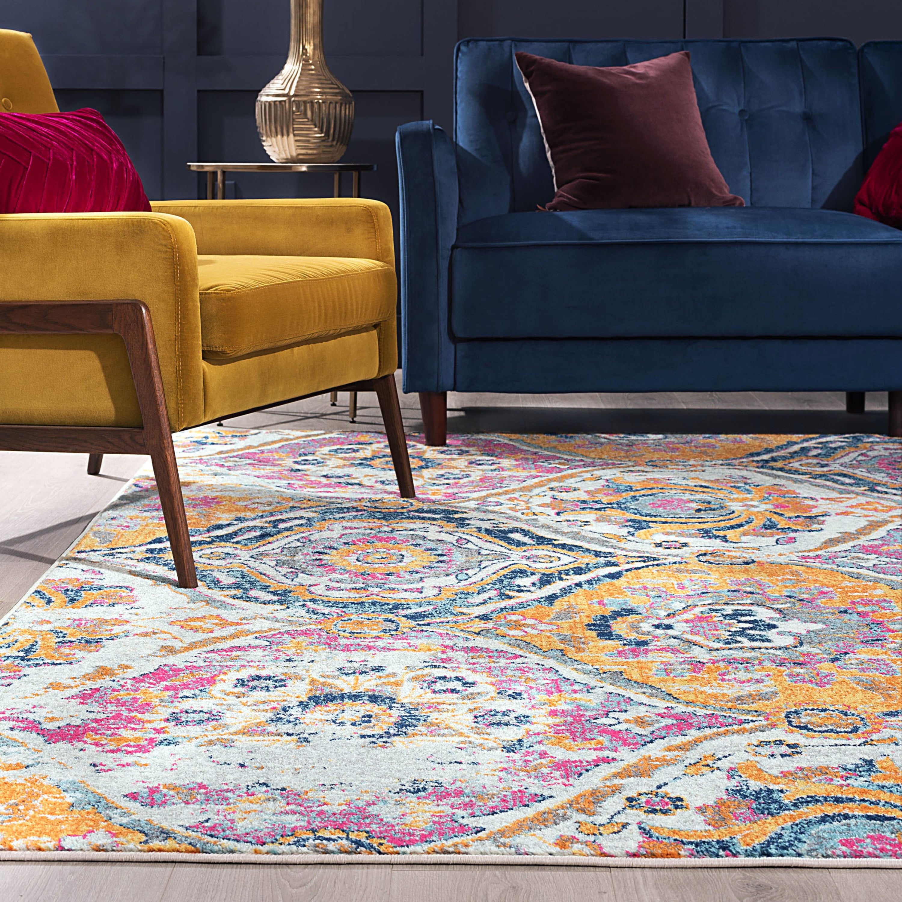 Transitional 5x8 Area Rug (5'3'' x 7'3'') Geometric Pink, Navy Living