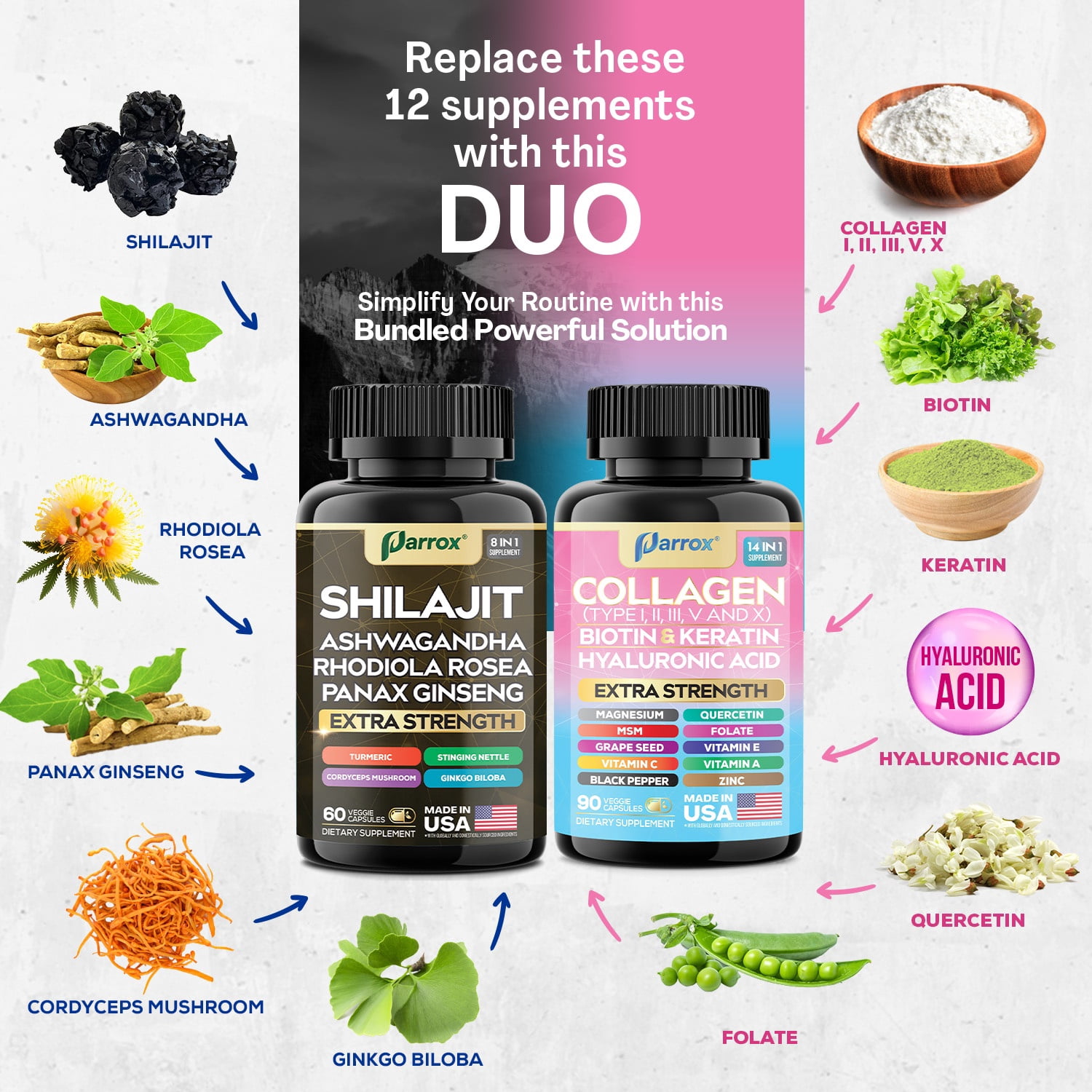 Parrox Adaptogen & Beauty Bundle – Rhodiola, Panax Ginseng, Ashwagandha, Cordyceps, Turmeric, Collagen, Biotin, Keratin, MSM, Hyaluronic Acid, Zinc, Quercetin, Vitamin C, A & E, Folate, Magnesium