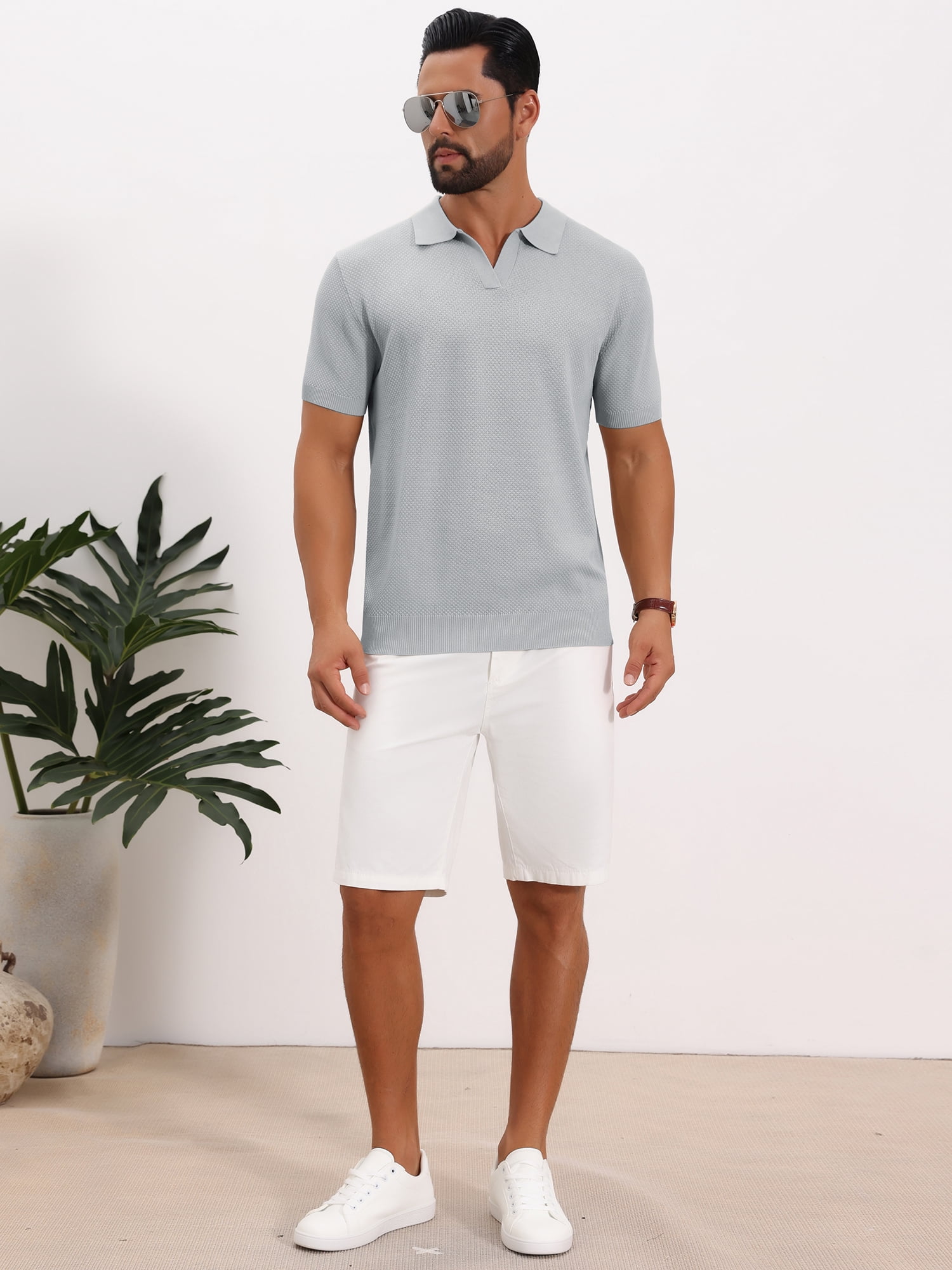 DARING DIVA Men's Textured Knit V Neck Short Sleeve Casual Golf Polo Shirt S Light Gray