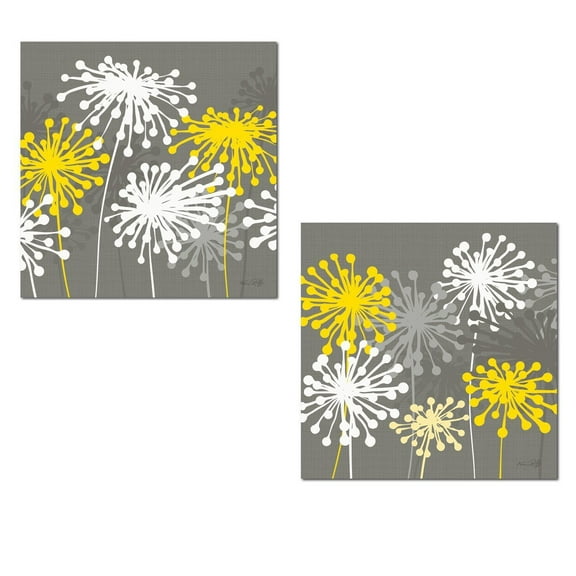 Modern Gray and Yellow Dandelion Floral Adult Decor; 2- 12" x 12" Unframed Prints