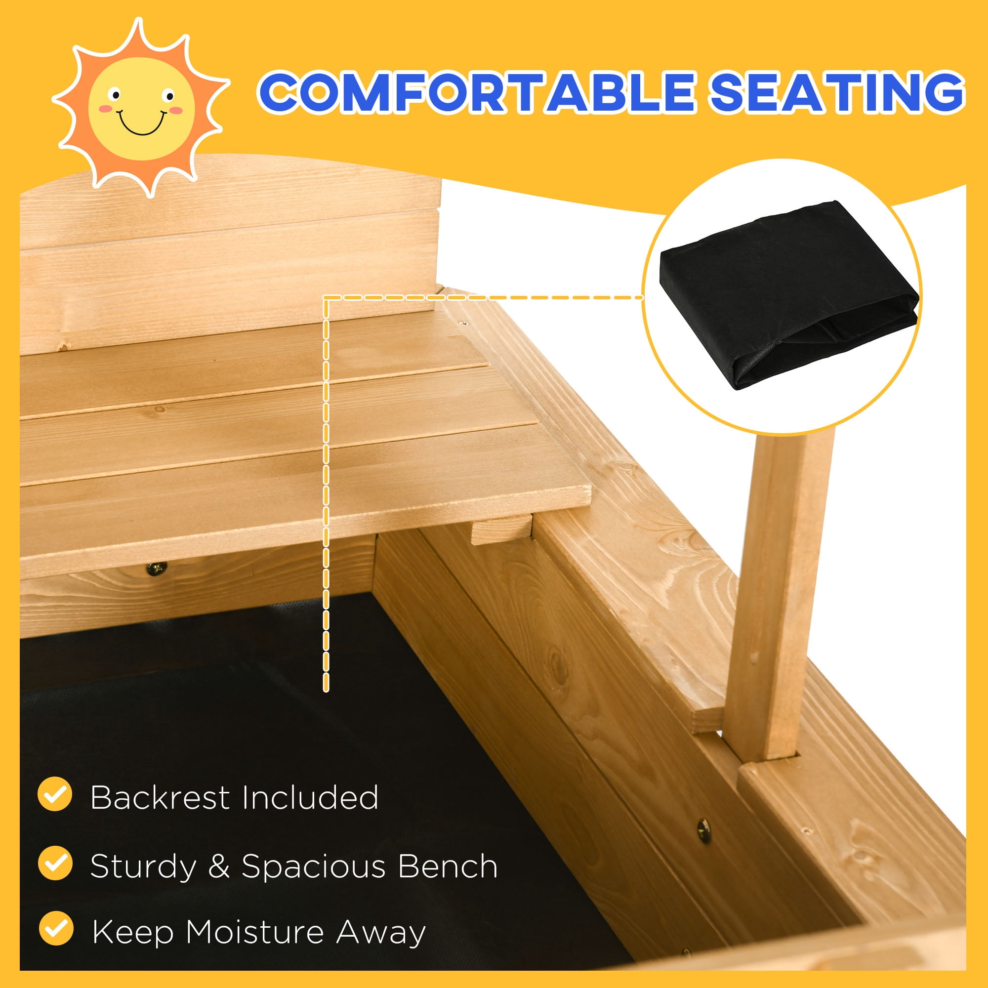 Wooden Kids Sandbox with Adjustable Canopy & Cover, Foldable Bench Seats with Backrest, Outdoor Sand Box with Bottom Liner, Brown