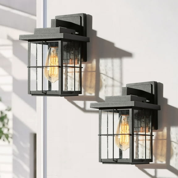 LNC 2-Pack Black Transitional Outdoor Wall Sconce, with Seeded Glass
