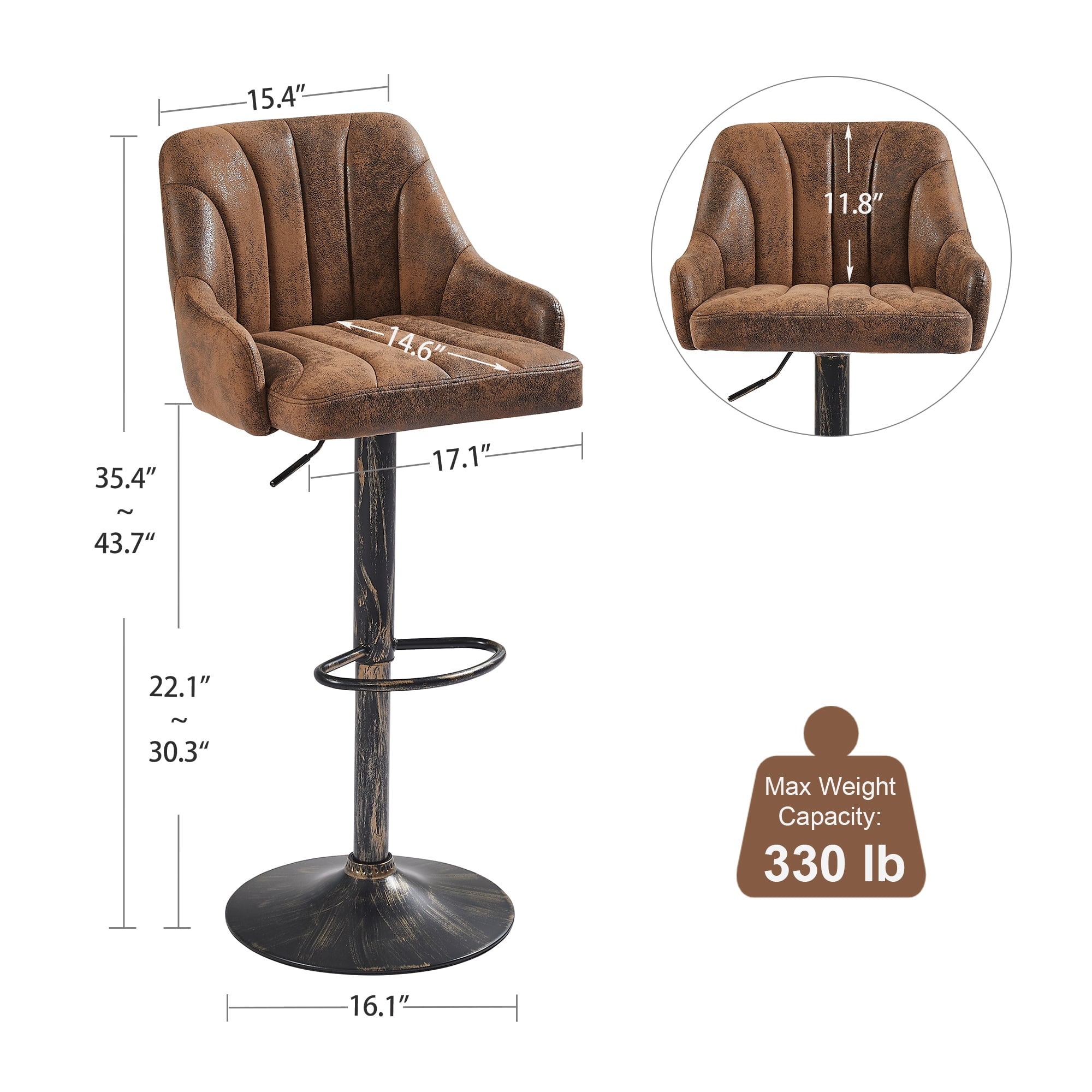 VECELO Set of 2 Swivel Bar Stools, Adjustable Counter Height Barstools Faux Leather Chair with Backrest and Armrest, Dark Brown