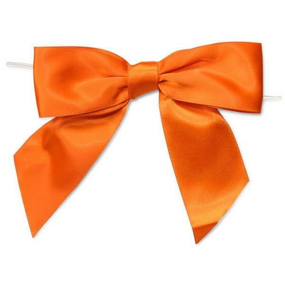 Pack of 12, Solid Orange 5" Pre-Tied Satin Bows w/6" Twist Ties 1.5" Ribbon Allow Easy Attachment to Gift or Cello Bag