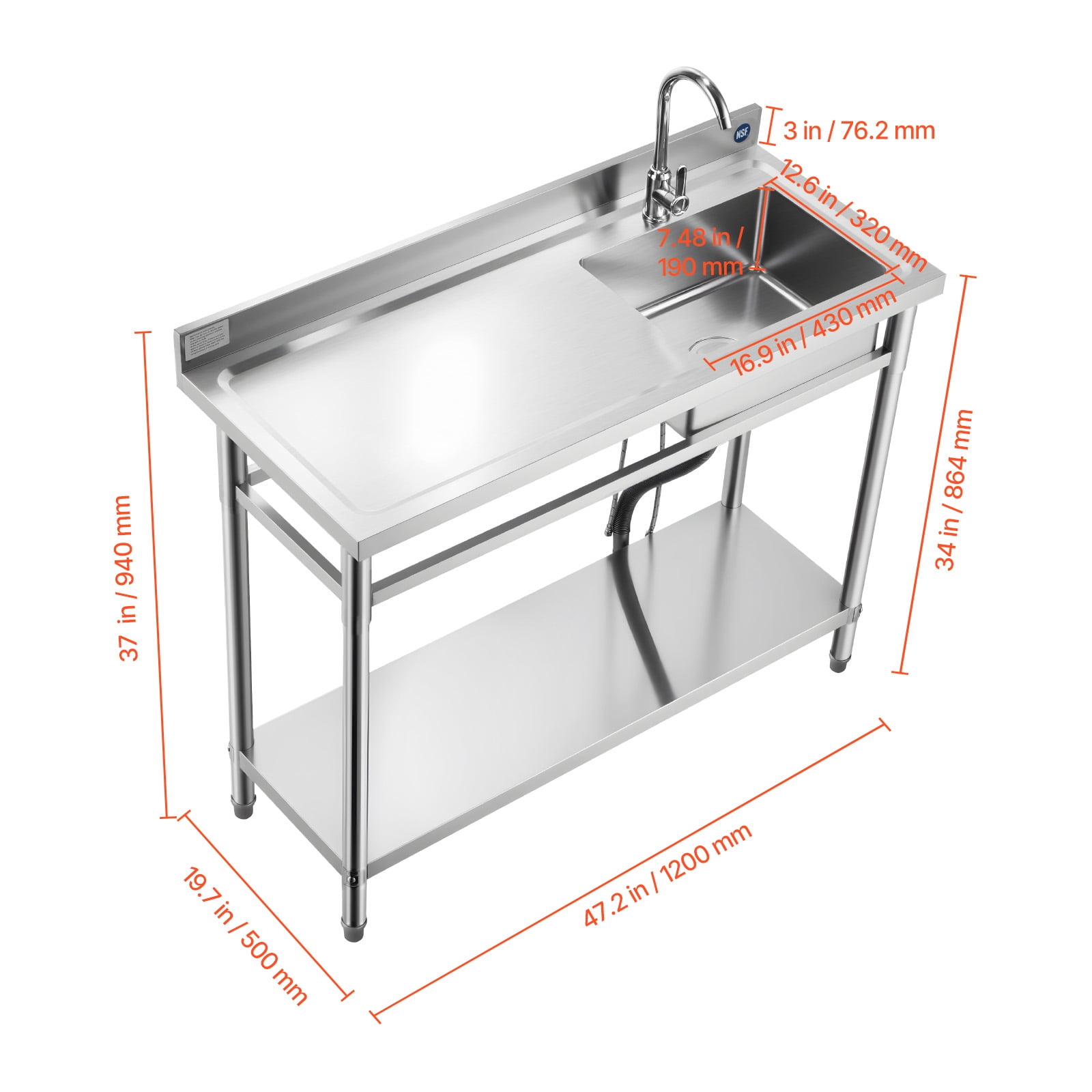 KFFKFF Stainless Steel Utility Sink, Freestanding Single Bowl Commercial Kitchen Sink with Faucet, Left-Side Basin Workbench with Hot and Cold Water Pipes for Garage, Restaurant, or Laundry Use