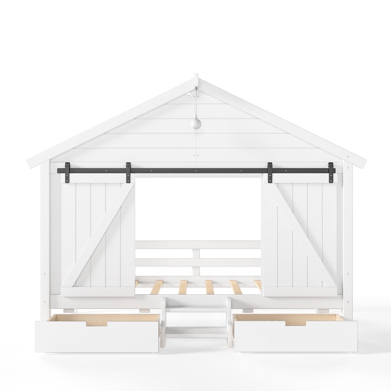 Twin Size Farmhouse House Bed with Sliding Barn Doors & Light Bulb, Wood Kid's Platform Bed Frame with Stair & Drawers