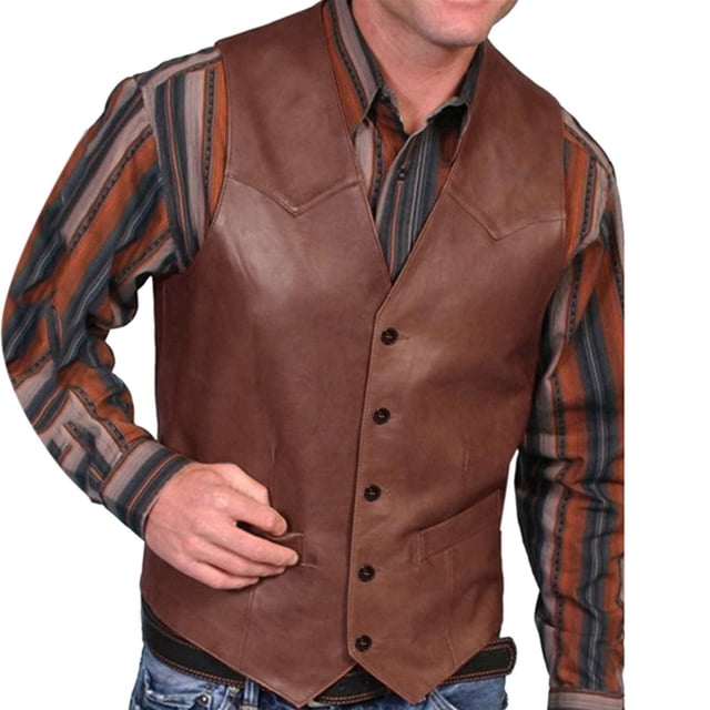 EGNMCR Débardeurs Hommes Mode Rétro Gilet Simple Boutonnage en Cuir Gilet Col en V