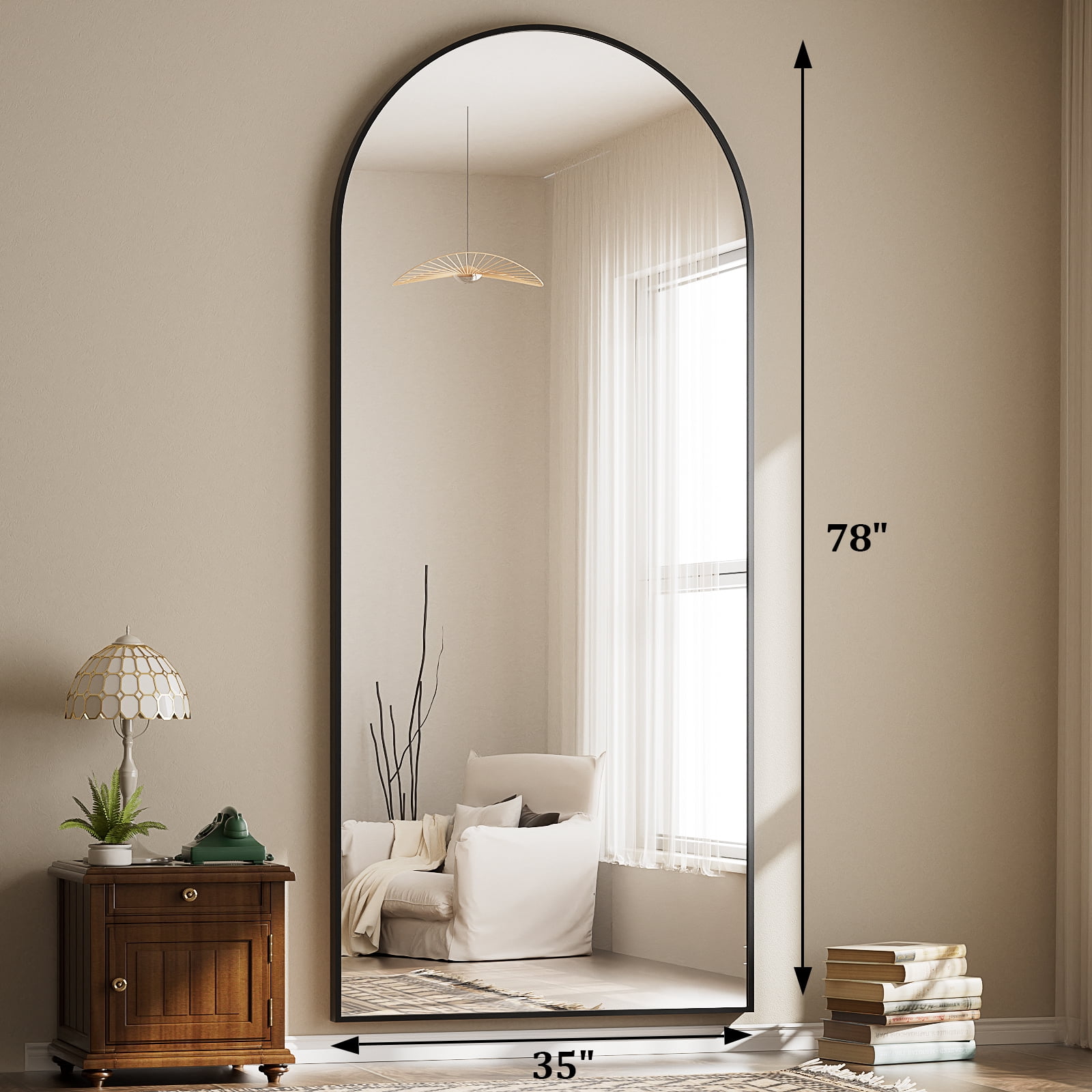 GRAHMCY 78"x35" Arched Full Length Floor Mirror Free-standing Mirror with Aluminum Alloy Frame, Black