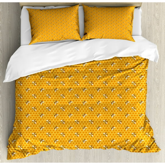 Animal Art Duvet Cover Set King Size, Repetitive Pattern of Ornamental Bees on Honey Combs Natural Nutrition, Decorative 3 Piece Bedding Set with 2 Pillow Shams, Mustard and Orange, by Ambesonne