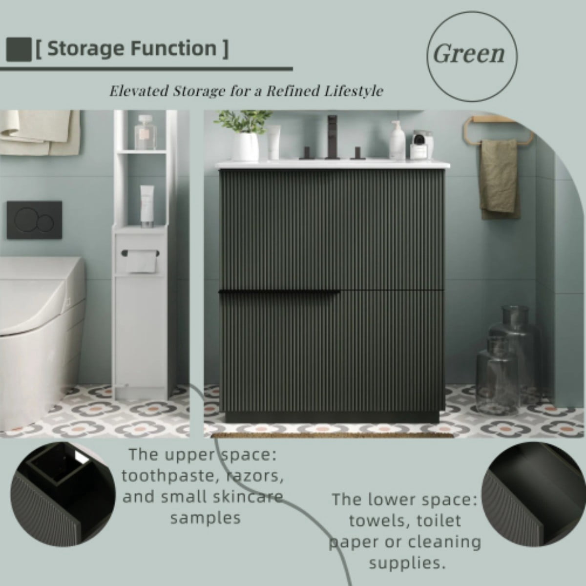 30" Bathroom Vanity with Ceramic Sink, Freestanding Bathroom Cabinet with Full Extension Drawers, Soft Close Slides, Fluted Design, Green
