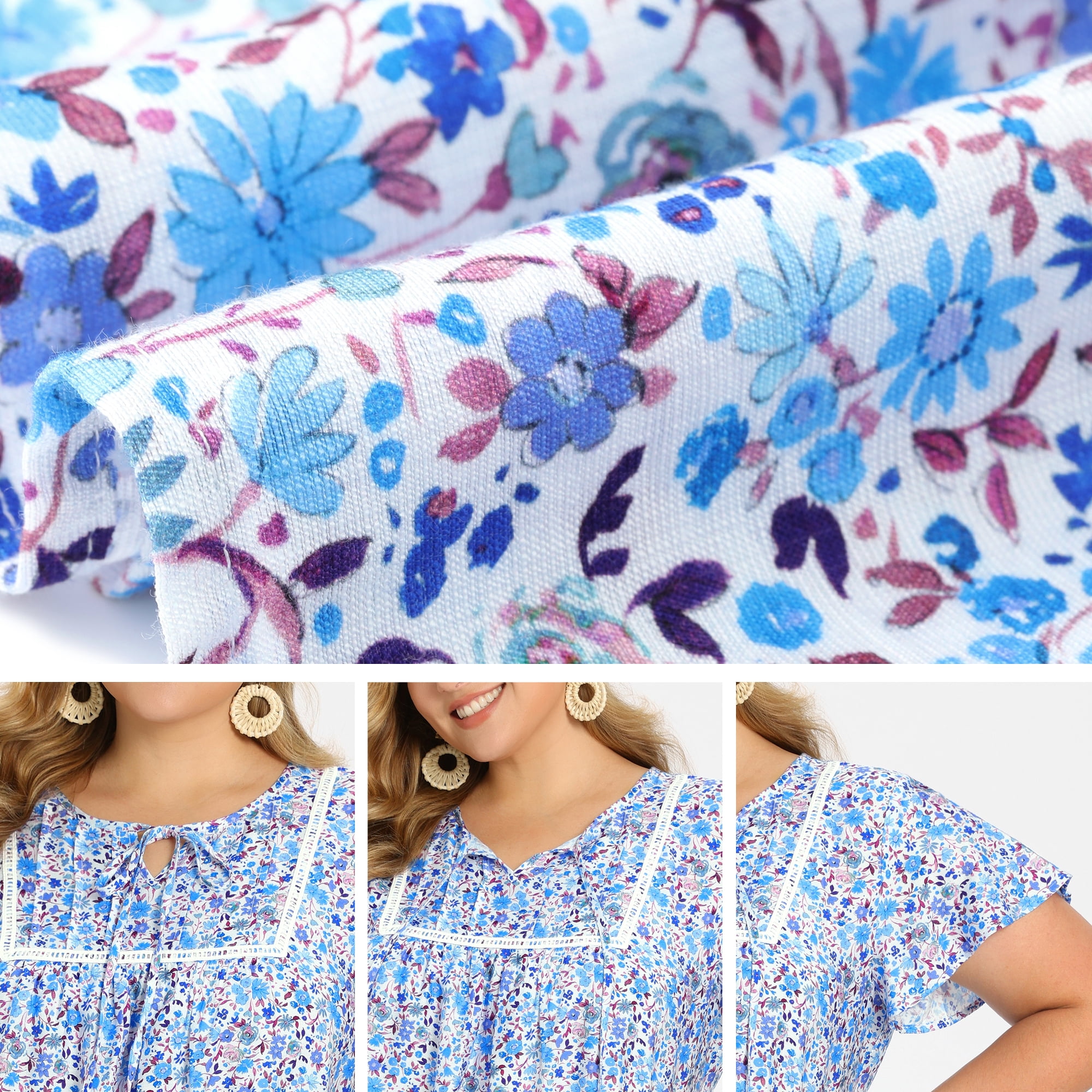 DARING DIVA Women's Plus Floral Tie Neck Blouse with Ruffle Sleeve 3X Sky Blue