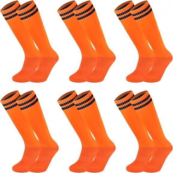 TELOLY 2026 New 6 Pairs Kids Youth Soccer Socks Solid Striped Knee High Tube Football Sports Socks for Boys Girls 6-12 Years Old (Orange)