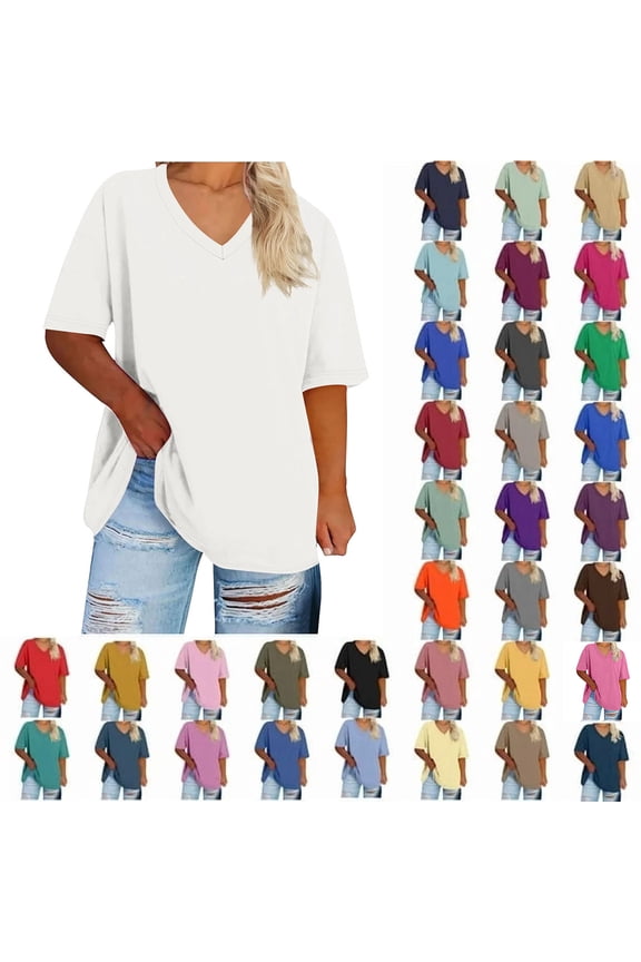 Womens V Neck Solid Plus Size T Shirts Oversized Loose Fit Short Sleeve Tops Casual Summer Vacation 2026