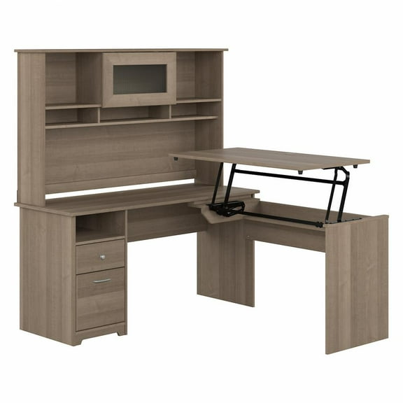 Cabot 60W Sit to Stand L Desk with Hutch in Ash Gray - Engineered Wood