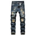 thumbnail image 2 of Herrnalise Mens Ripped Jeans Black Stacked Jeans Slim Fit Ripped Jeans Destroyed Straight Denim Pants Trouser Streetwear For Dark Blue,2XL, 2 of 9