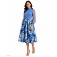 thumbnail image 2 of Plus Size Denim Floral Print Midi Dress, High Neck Mesh Sleeve Belted A-Line Dress with Front Slit & Pockets, 2 of 6