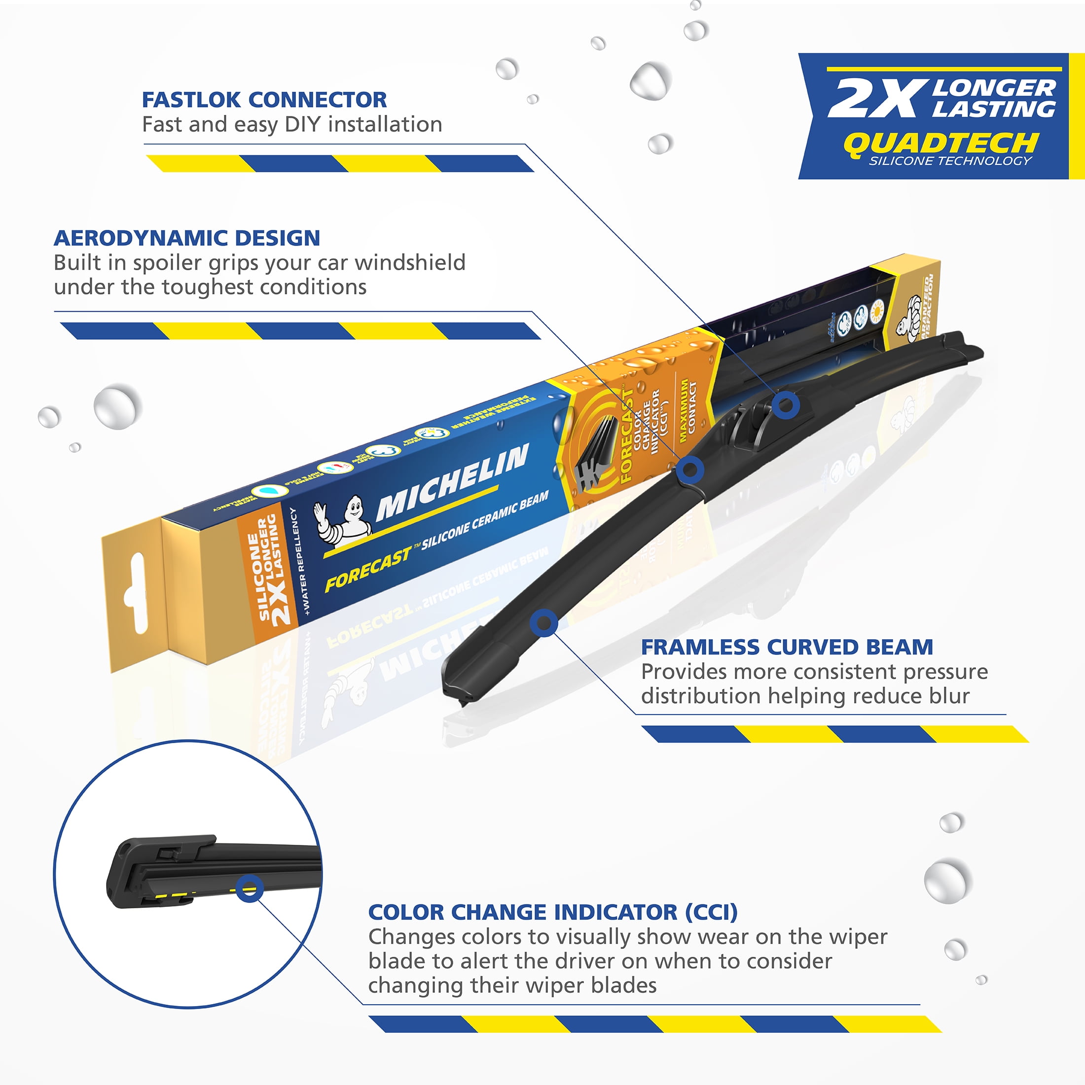 MICHELIN® Forecast Predictive Wiper Blade, 22", Silicone Ceramic Beam Blade with Yellow Edge Color Changing Technology