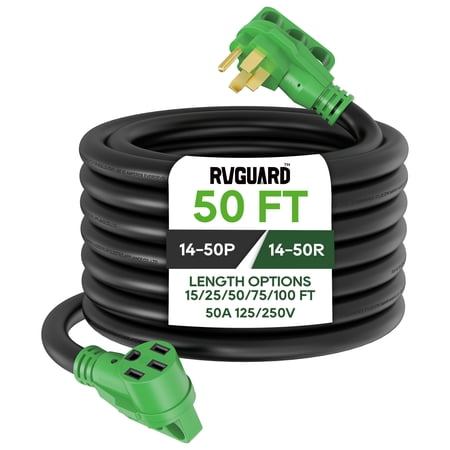 RVGUARD 50 Amp 50 Foot RV/EV Extension Cord, NEMA 14-50P/R Heavy Duty Extension Cord with LED Power Indicator and Cord Organizer, Green, ETL Listed