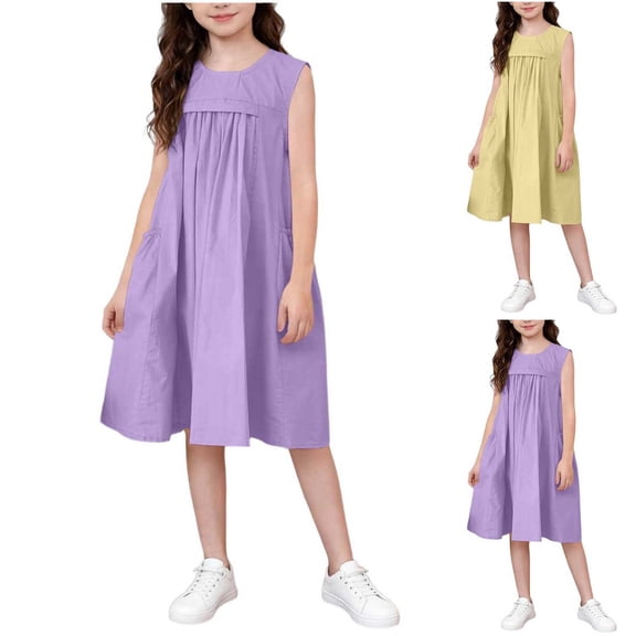Ashirexll Summer Dresses for Teens Kids Sleeveless Solid Color Round Neck Summer Casual Flared Skirt Dress for Preteen Children