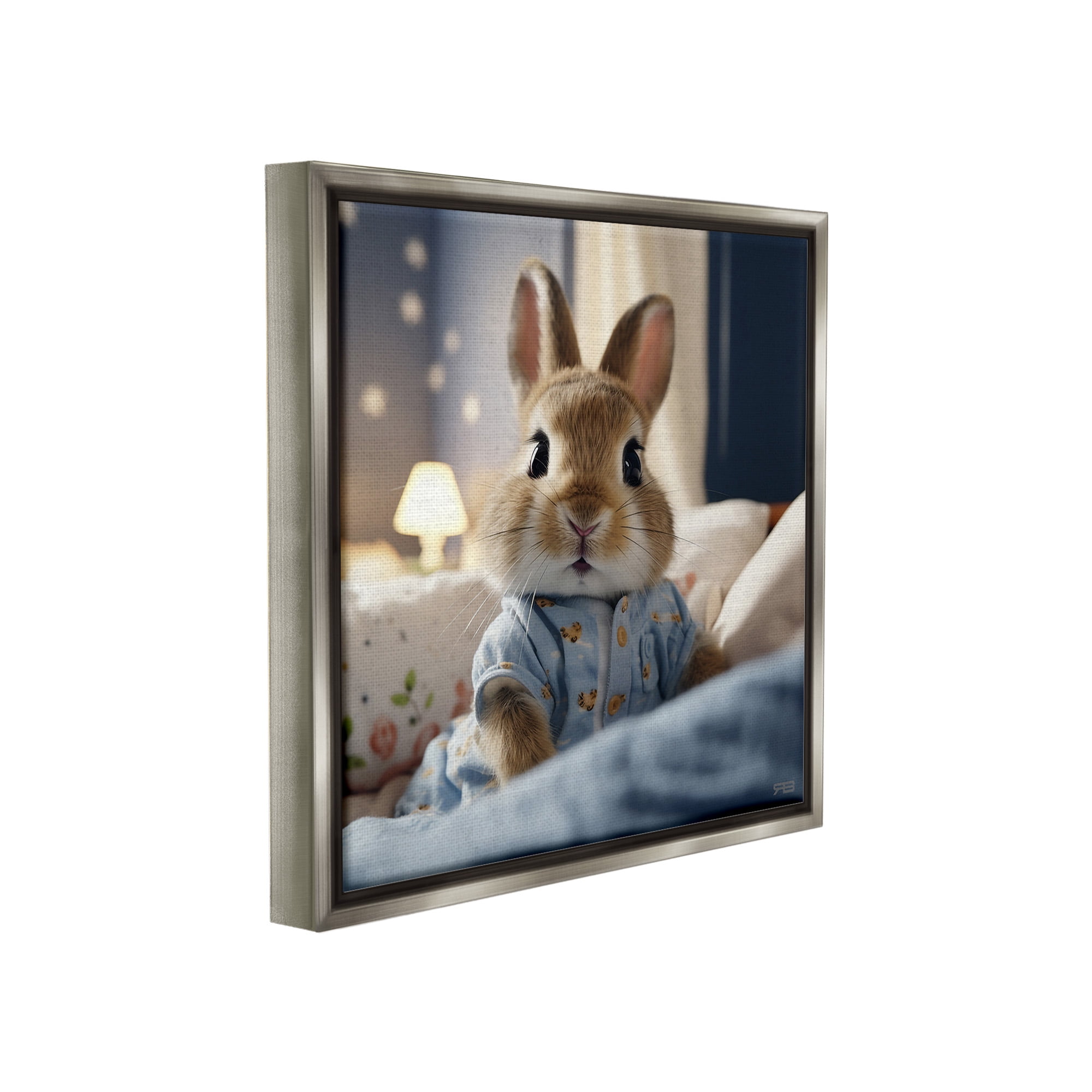 Stupell Industries Bunny in Pajamas Animals & Insects Painting Gray Floater Framed Canvas Art Print Wall Art, 18 x 18