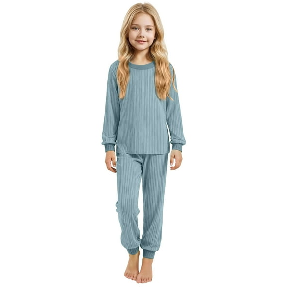 lnmuld Two Piece Outfits Girls Knitted Pajama Set Soft Sleepwear for Cozy Nighttime Comfort Breathable All Season Kids Loungewear Solid Color Size:2-3 Years