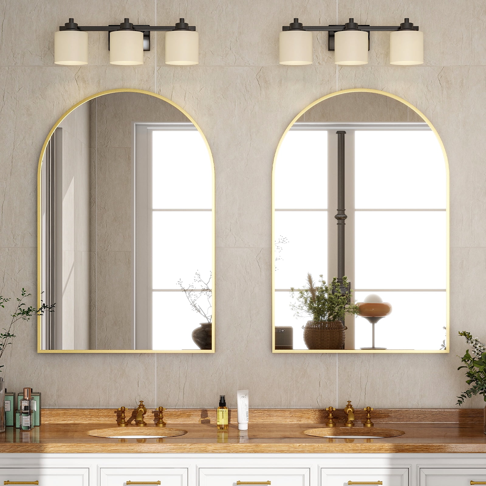 BEAUTYPEAK 24"x 36" Bathroom Mirror Wall Vanity Arched Mirror, Gold