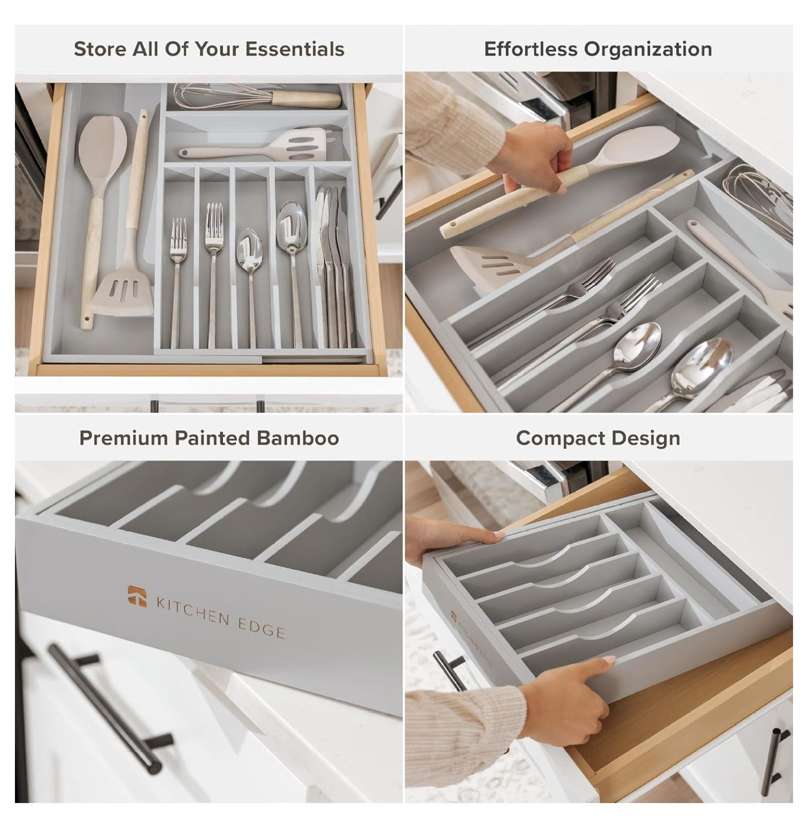 Premium Silverware, Flatware and Utensil Organizer for Kitchen Drawers, Food-Safe Contract Grade, Expandable from 10.5 to 19 In, Gray Bamboo