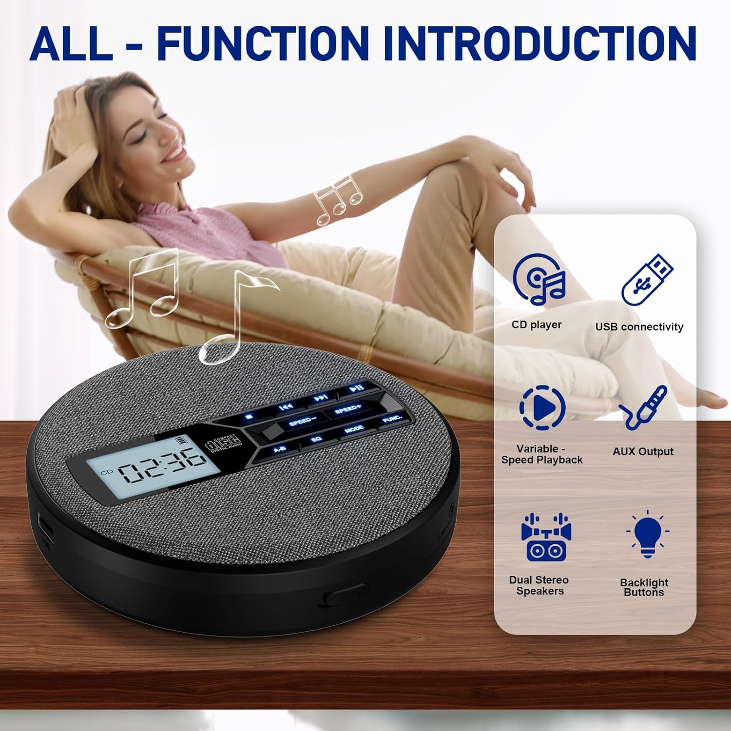 Portable CD Player with Bluetooth, Rechargeable, Anti-Skip, Dual Speakers, AUX, USB, Backlit LCD Display, 5 EQ, A-B Repeat, 10-Speed for Home, Car, Travel & Gifts