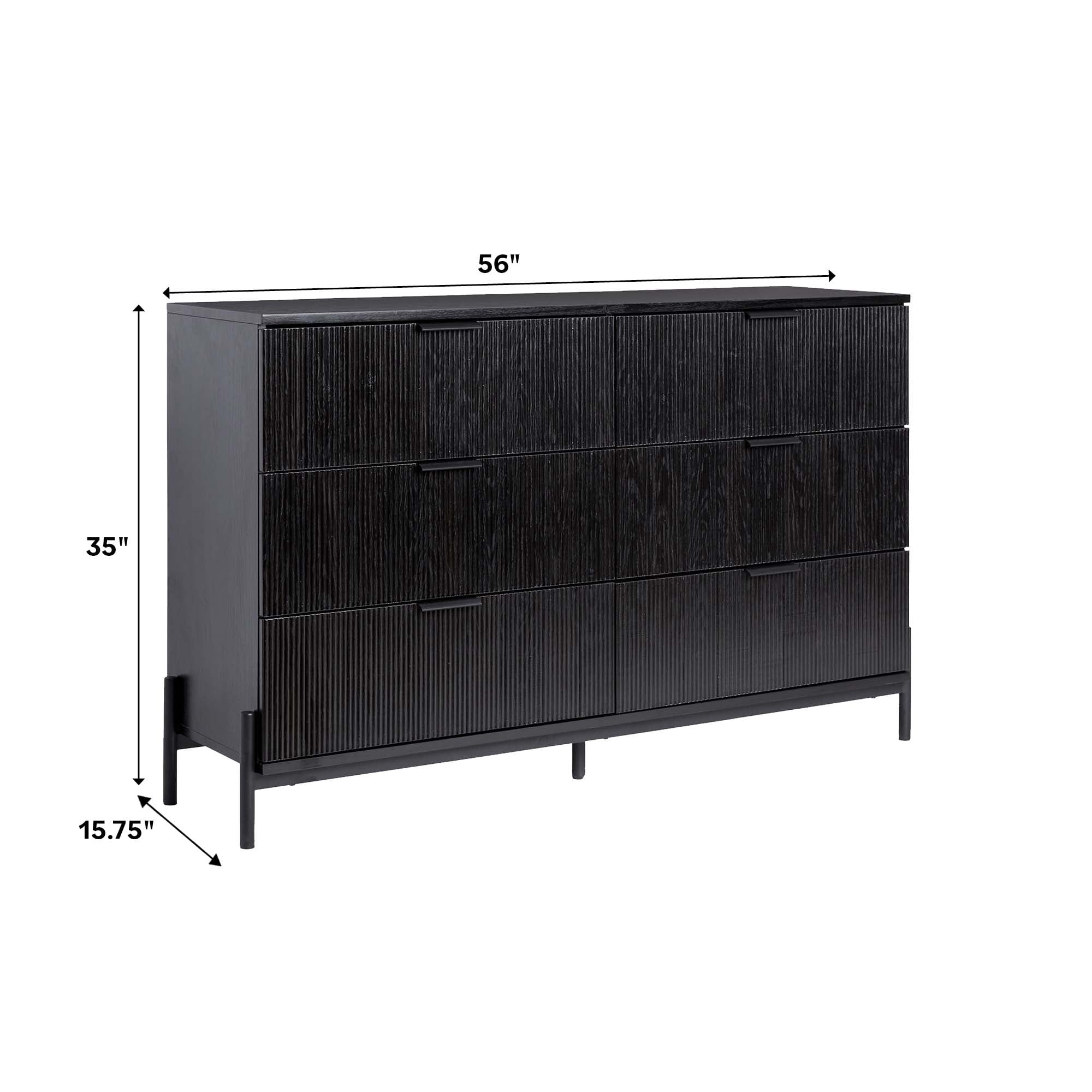 Walker Edison Mid-Century 6-Drawer Dresser with Reeded Drawer Fronts, Black