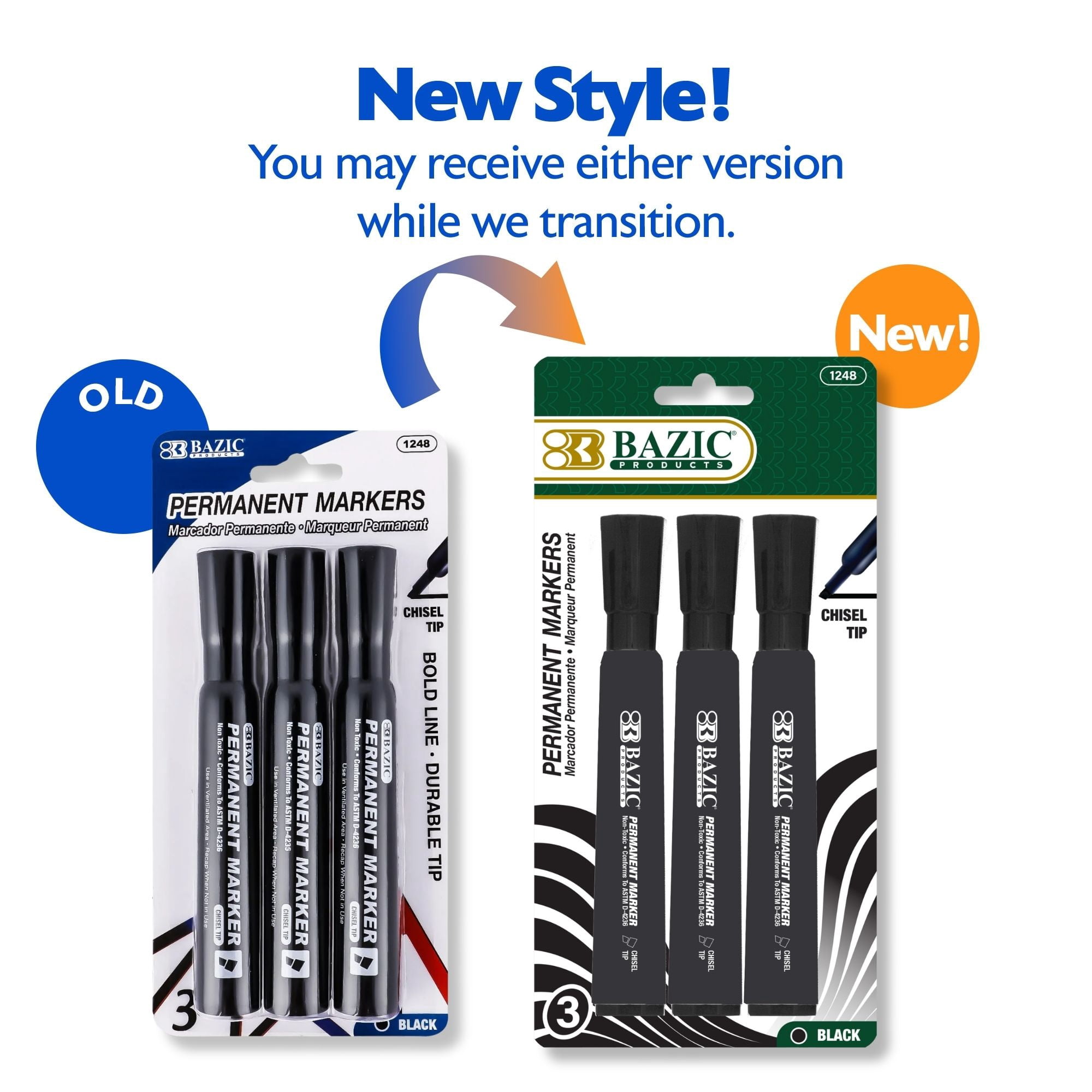 BAZIC Permanent Marker Chisel Tip, Black Color Markers, (3/Pack), 24-Packs