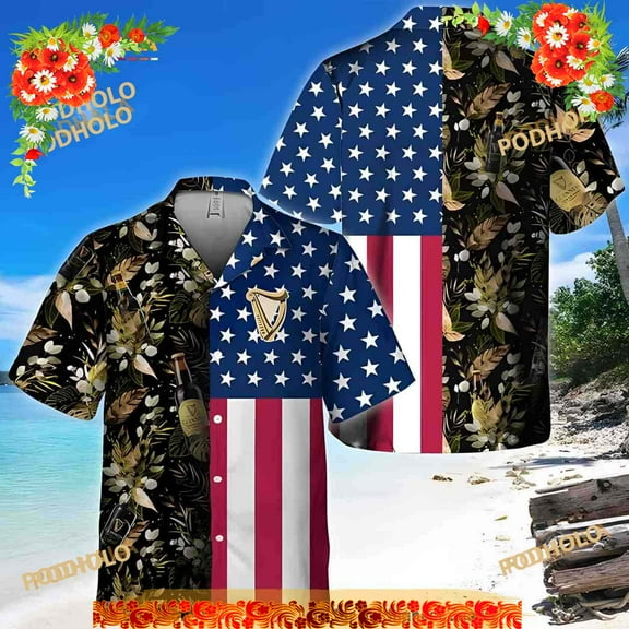 Guinness Beer Hawaiian Shirt, US Flag Tropical Flowers Independence Day Aloha Shirt
