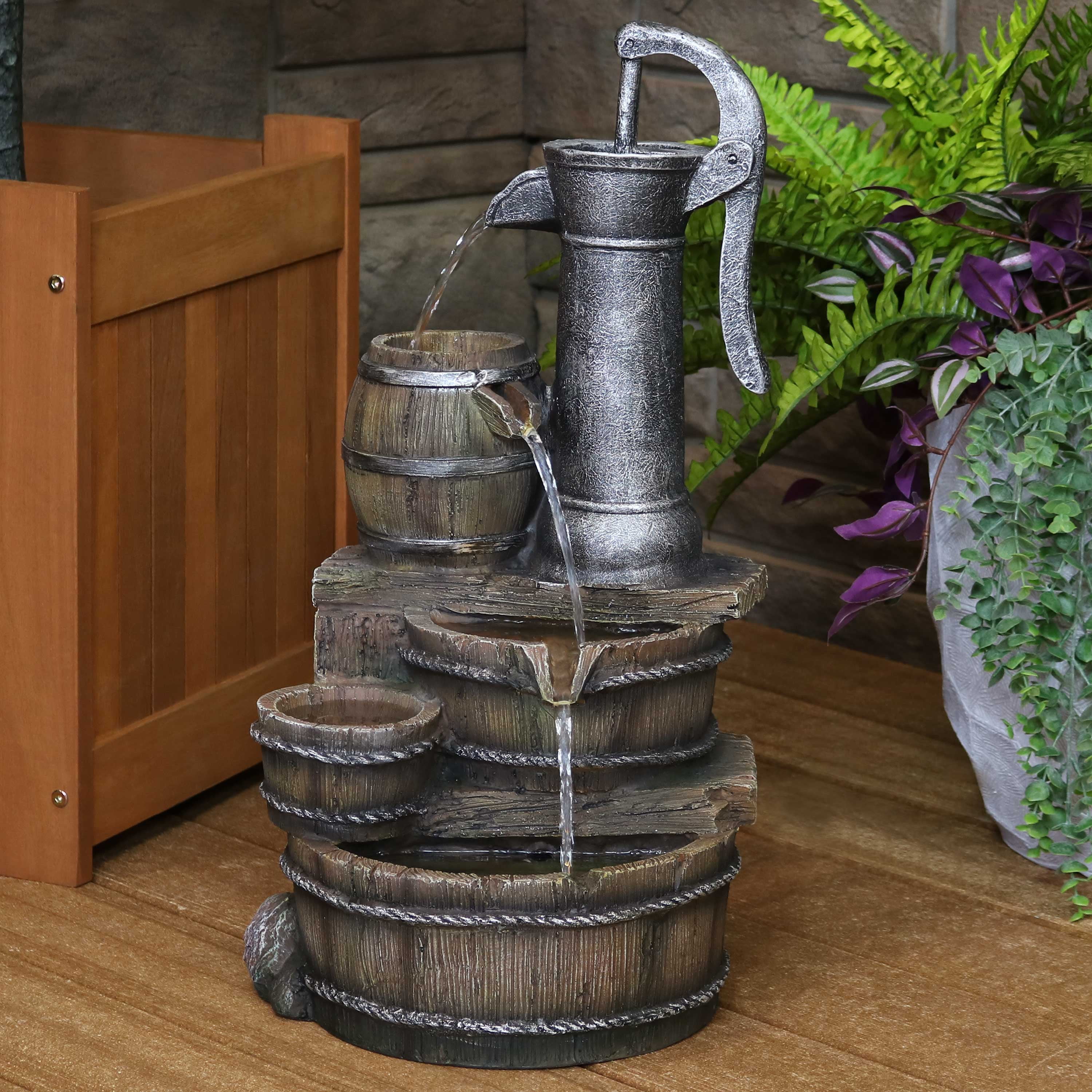 Sunnydaze Cozy Farmhouse Pump and Barrels Outdoor Fountain with LED Lights