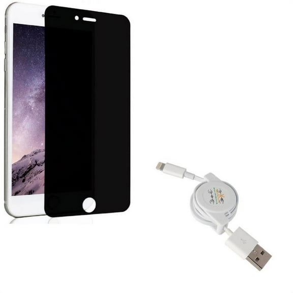 iPhone 7/8 PLUS Privacy Screen Protector w USB Cable - Tempered Glass Curved Anti-Spy Anti-Peep, Retractable Charger Power Cord for iPhone 8 PLUS/7 Plus