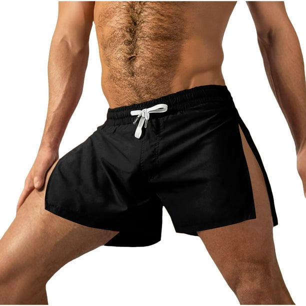 pstuiky Hombres bajos, Pantalones cortos de moda para hombre, de color liso, con cremallera de doble cara y cintura elástica sin bolsillo. Pantalones cortos deportivos para hombre