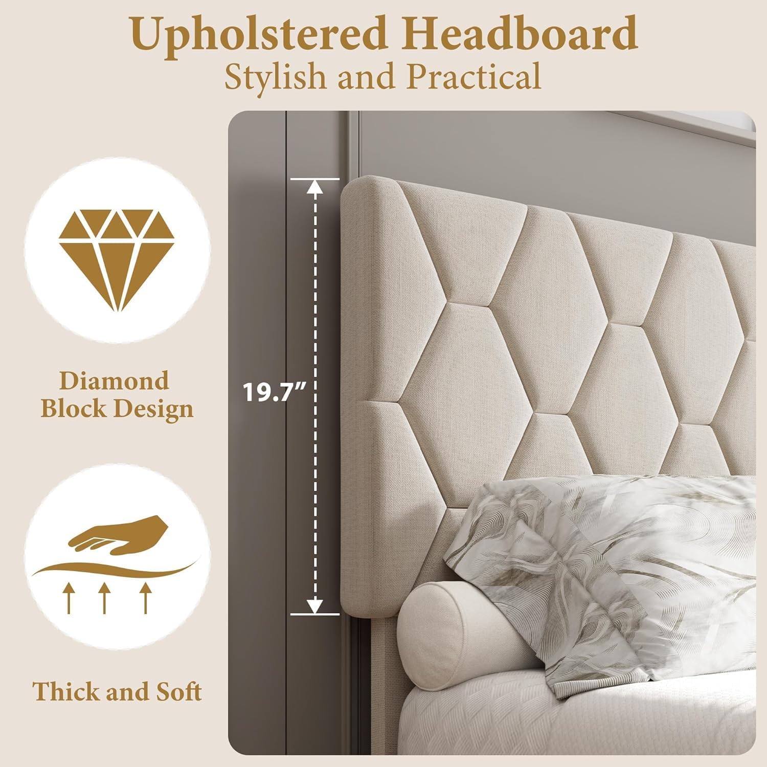 Ivory White King Bed Frame, Upholstered Headboard, Heavy-Duty Wood Slat Platform, No Box Spring, Easy Assembly