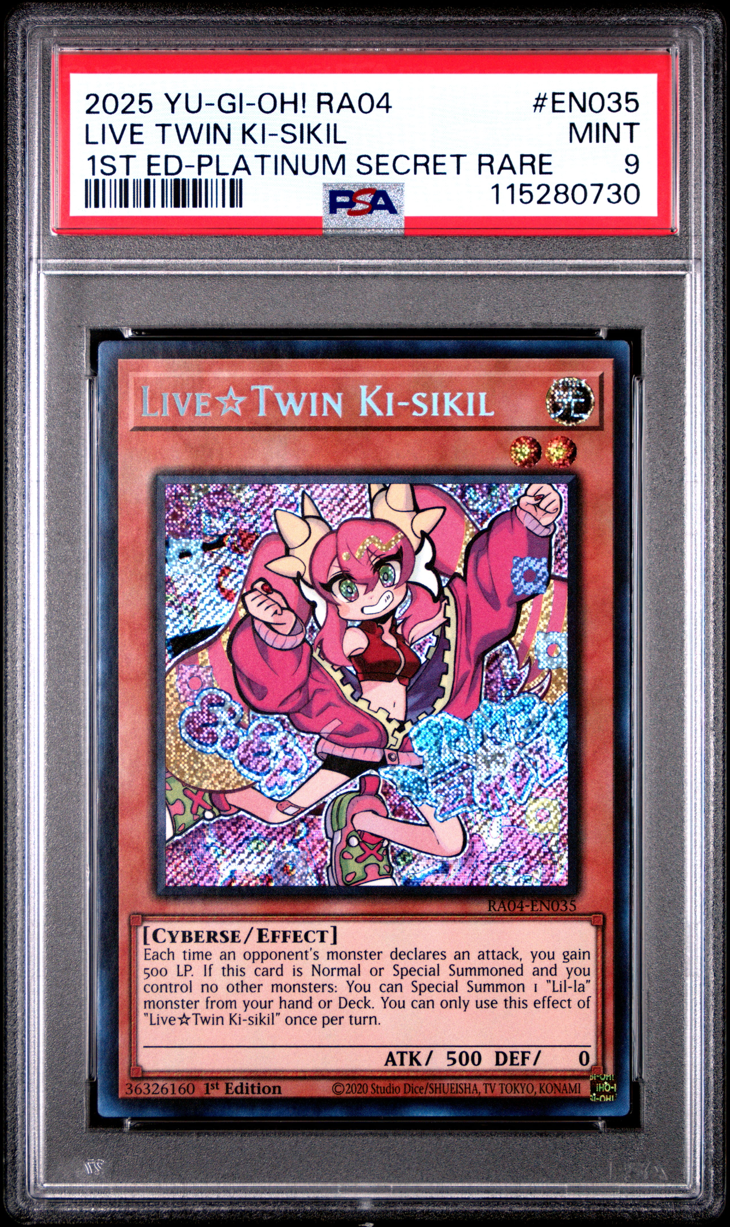 Yu Gi Oh! TCG, PSA Graded 9 MINT, Live Twin Ki Sikil 1St Ed Platinum Secret Rare #EN035, Ra04 Quarter Century Stampede, Fully Encapsulated Bundle with Compatible Yu Gi Oh! Hard Sealed Case