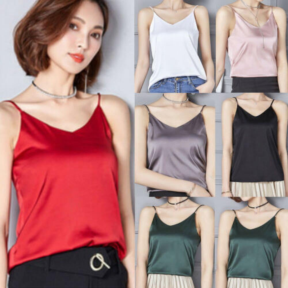Pudcoco Womens Satin Silk Camisole Cami Spaghetti Strap Vest Top Blouse