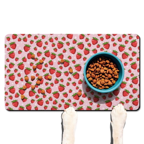 Strawberry Lover Dog Food Mat - Cute Kawaii Design with Flowers, Absorbent and Durable for Daily Use