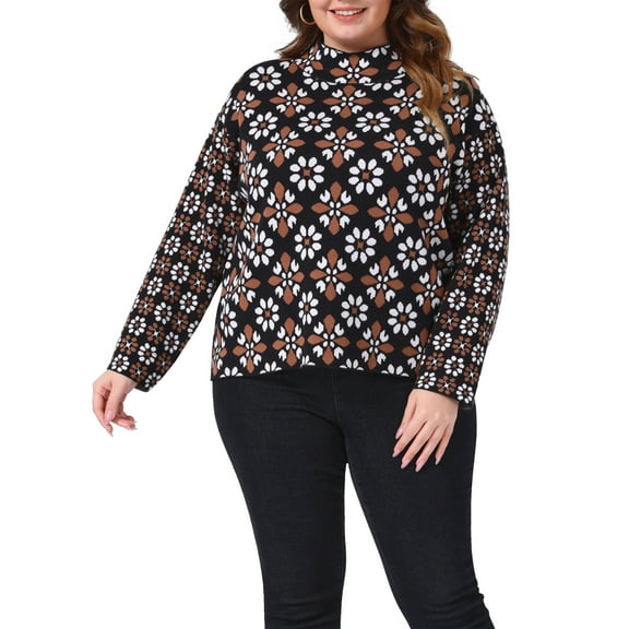 Agnes Orinda Women's Plus Size Sweaters Top Floral Color Block Mock Neck Long Sleeve Knit Pullover Fall Winter Sweater 1X Black