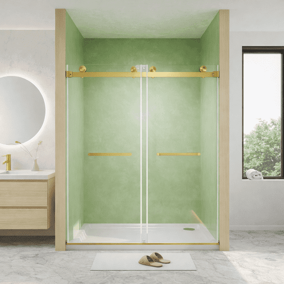Frameless Double Sliding Shower Door 56-60 "W x 74" H, 5/16 "(8mm) Tempered Glass, Explosion Proof Film, Stainless Steel Handle, Square Tube Track, Brushed Gold
