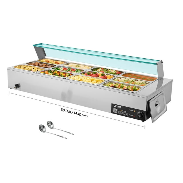 VEVOR Commercial Food Warmer, 1700W Electric Stainless Steel Steam Food Warmer with Glass Cover, 12-Pan Countertop Buffet Bain Marie with Soup & Perforated Ladles