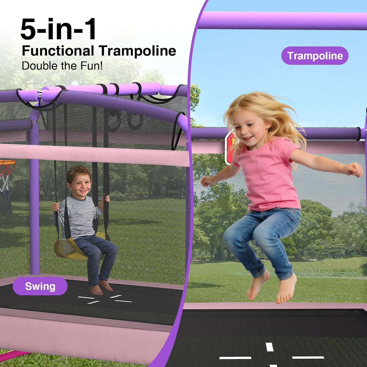 6FT Rectangle Toddler Trampoline by LANGXUN, 5-in-1 Kids Mini Trampoline Featuring Safety Enclosure Net for Indoor & Outdoor Use